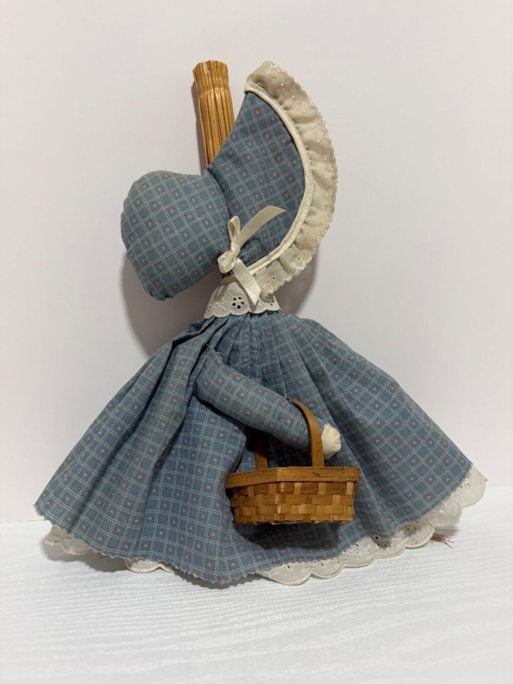 Vintage Broom Doll Wall Hanger Country Cottage Granny Decor Bonnet and Lace Trim